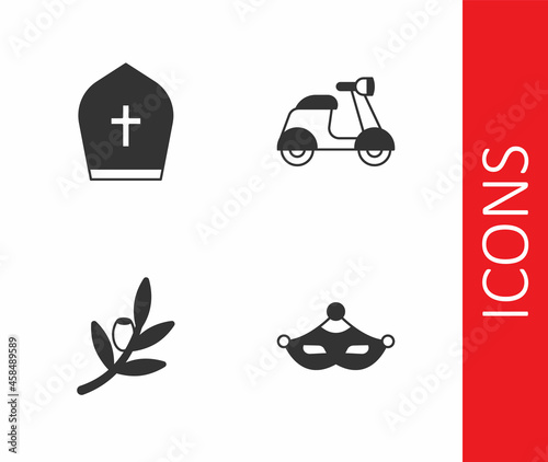 Set Carnival mask, Pope hat, Olives branch and Scooter icon. Vector