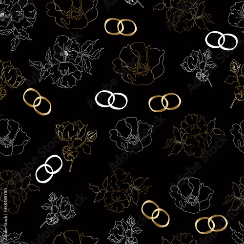 wedding floristic vector seamless pattern with flowers and rings. For wrapping paper, invitations and greetings