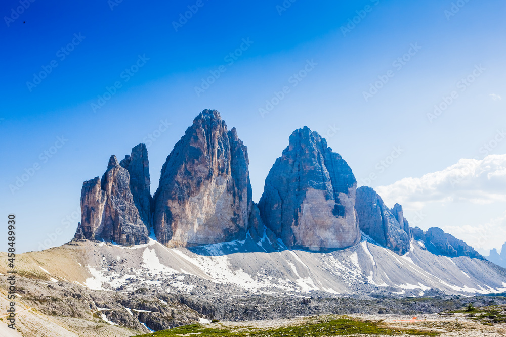 World famous peaks of Tre Cime di Lavaredo National park, UNESCO world heritage site in Dolomites, Italy