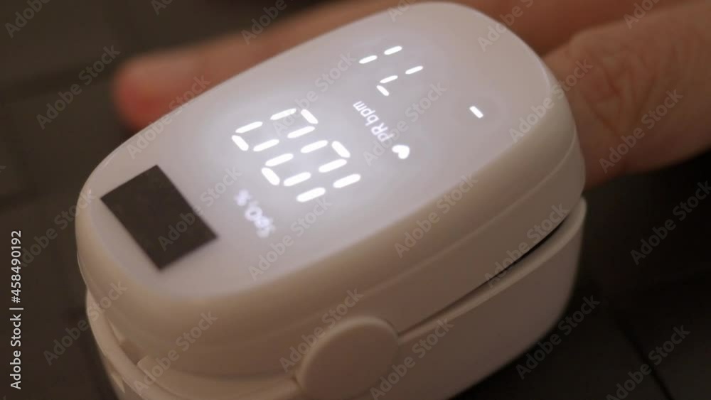 Oximeter usage. Finger pulse oximeter used to measure pulse rate and