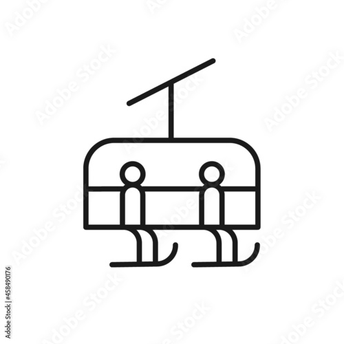 Isolated black line icon of skiers on chair lift on white background. Outline chair lift. Logo flat design. Winter mountain sport.