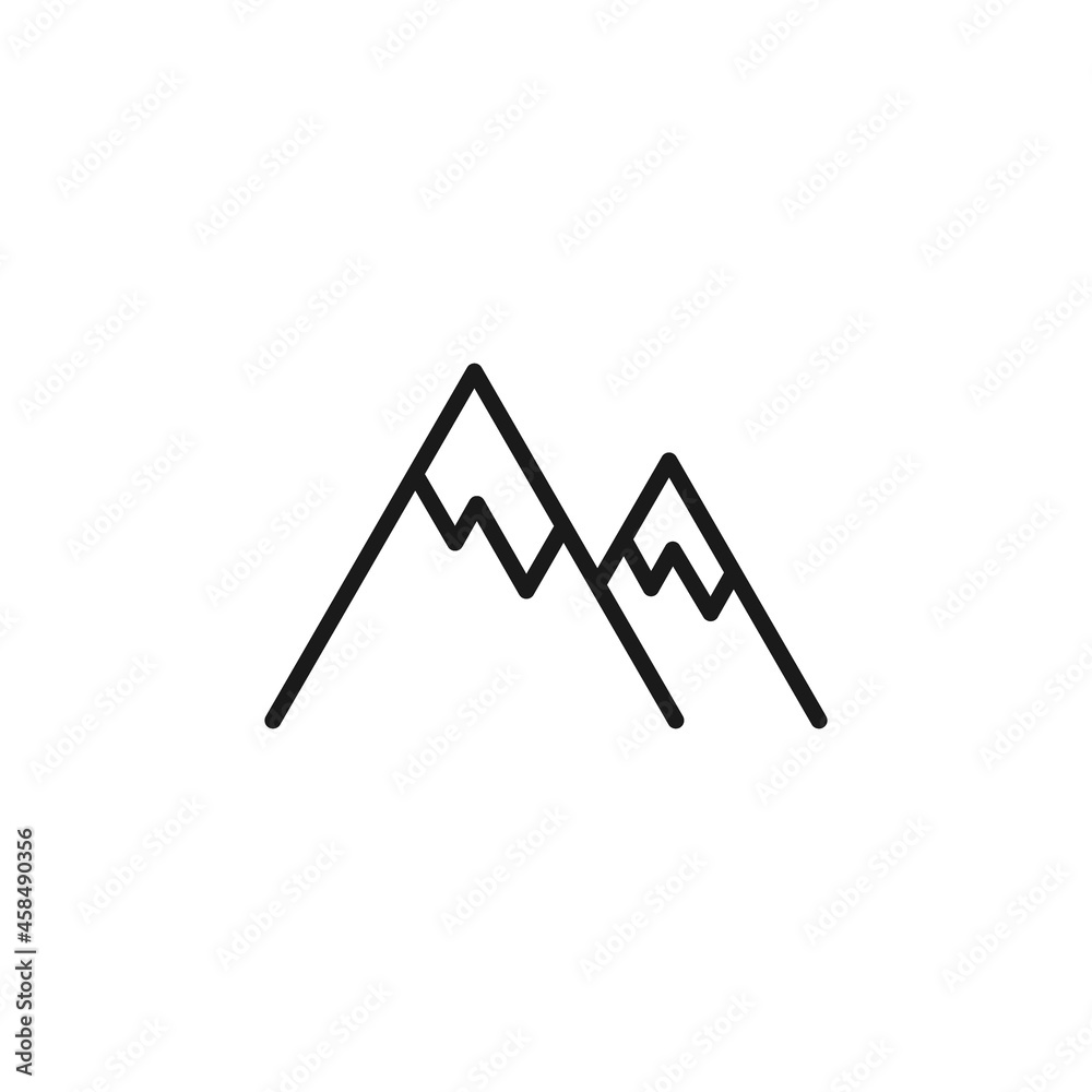 Isolated black line icon of mountain on white background. Outline mountain peaks. Logo flat design. Mountain sport. Isolated black line icon of mountain on white background. Outline mountain peaks. Logo flat design. Mountain sport.