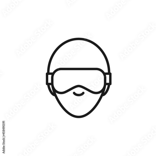 Isolated black line icon of head of skier or snowboarder in mask and helmet on white background. Outline head with protection. Logo flat design. Winter mountain sport equipment.