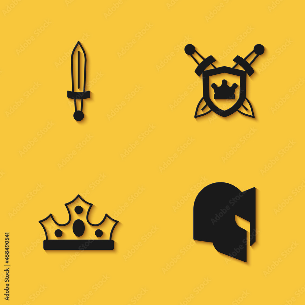 Set Medieval sword, helmet, King crown and Shield with swords icon with long shadow. Vector Set Medieval sword, helmet, King crown and Shield with swords icon with long shadow. Vector