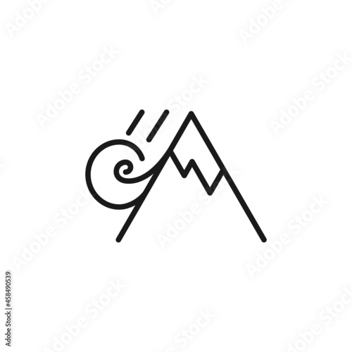 Isolated black line icon of snow avalanche on mountain on white background. Outline avalanche. Logo flat design. Winter mountain sport.