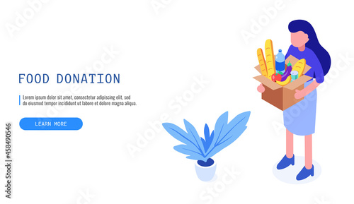 Volunteering and donations. Volunteer with food donation. Woman holding box with grocery products. Isometric vector web banner.
