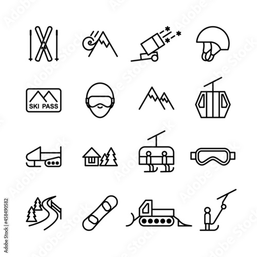 Set of isolated black line icons of winter extreme sport on white background. Collection of outline winter mountain sport icons. Logo flat design.
