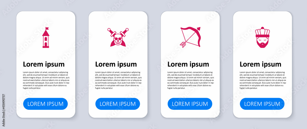 Set King with crown, Medieval bow and arrow, Skull sword and Castle tower. Business infographic template. Vector Set King with crown, Medieval bow and arrow, Skull sword and Castle tower. Business infographic template. Vector