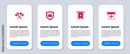 Set Crusade, Medieval flag, Shield with crown and Crossed medieval axes. Business infographic template. Vector