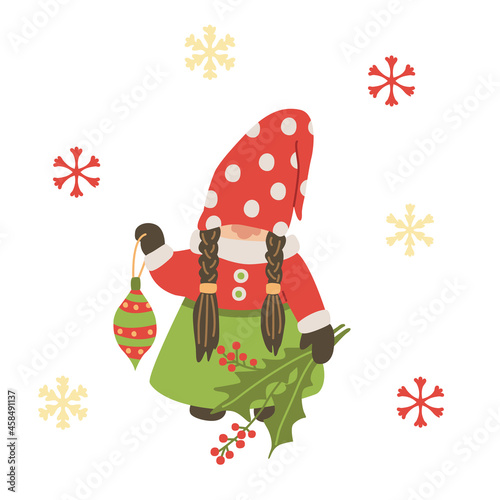 Gnome  with Christmas bauble and holly. Vector illustration isolated on white. Red, yellow and green colors.  Great for Xmas cards.