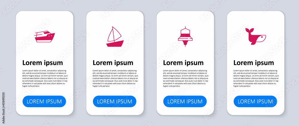 Set Whale, Ship bell, Yacht sailboat and Speedboat. Business infographic template. Vector Set Whale, Ship bell, Yacht sailboat and Speedboat. Business infographic template. Vector