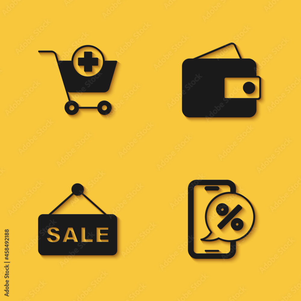 Set Add to Shopping cart, Percent discount on phone, Hanging sign with text Sale and Wallet icon with long shadow. Vector Set Add to Shopping cart, Percent discount on phone, Hanging sign with text Sale and Wallet icon with long shadow. Vector