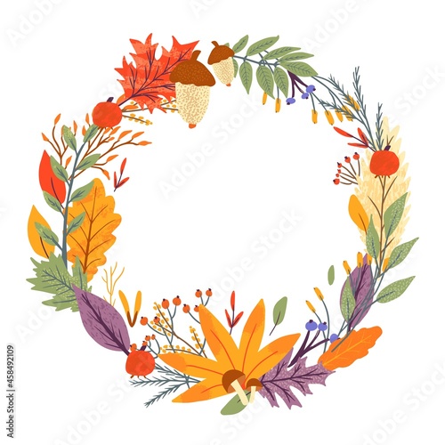 Wreath of autumn falling leaves of oak, maple, berry and mushroom. Scrapbook collection for fall season elements. Flat natural vector illustration with floral for advertisement, promotion