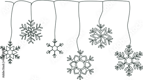 Christmas and New Year elements. A garland of snowflakes. Vector line art illustration.