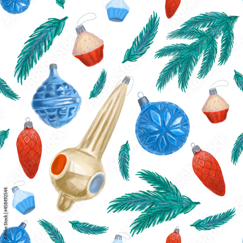 Seamless Christmas pattern with Christmas decorations. Vintage new year decorations. Print for wrapping paper.