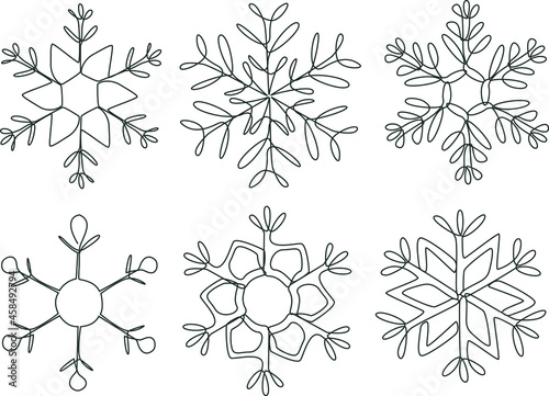 Set of snowflakes for winter design. Christmas and New Year elements. Vector line art illustration.