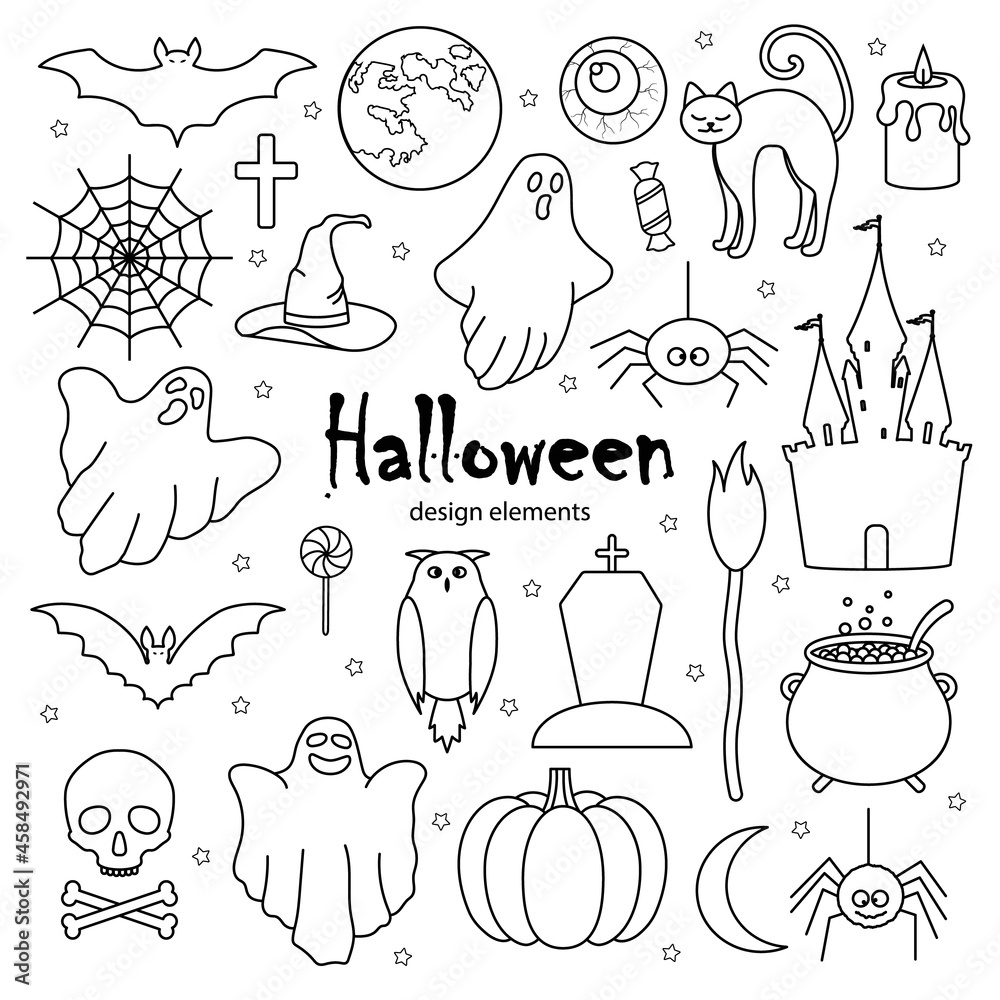 Obraz premium Happy Halloween vector doodle icon set.
