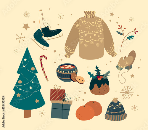 Happy New Year and Merry Christmas Hand Drawn Vector set.Collection of xmas elements for design holiday greeting cards and invitations of Merry Christmas and Happy New Year,seasonal winter holidays.