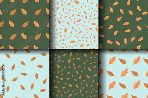 A set of autumn patterns. Yellow leaves on a green and light blue background. Flat vector illustration