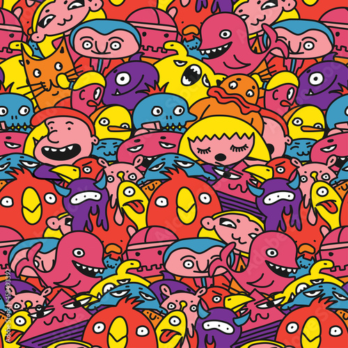 Seamless background pattern  childrens multicolored characters  jpg illustration  drawings with little men in cartoon style.