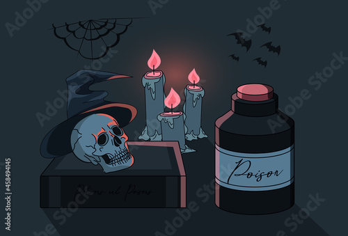 Halloween still life: skull, book, candles, potion, bat.