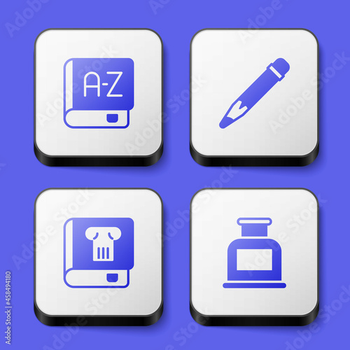 Set Translator book, Pencil with eraser, History and Inkwell icon. White square button. Vector