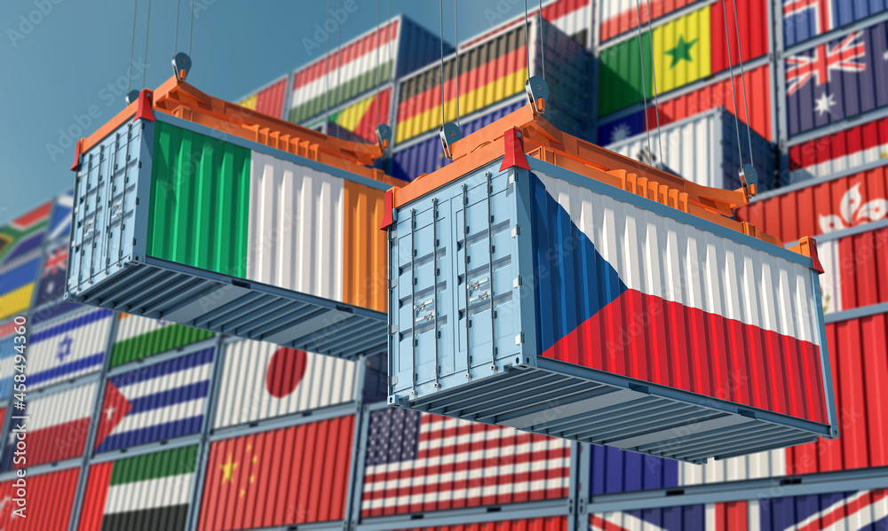 Freight containers with Czech Republic and Ireland national flags. 3D Rendering 