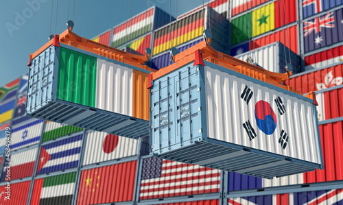 Freight containers with South Korea and Ireland national flags. 3D Rendering 
