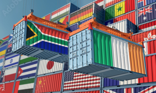 Freight containers with South Africa and Ireland national flags. 3D Rendering 