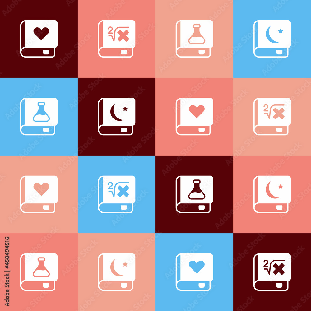 Set pop art Romance book, Book with mathematics, Chemistry and Holy of Koran icon. Vector Set pop art Romance book, Book with mathematics, Chemistry and Holy of Koran icon. Vector