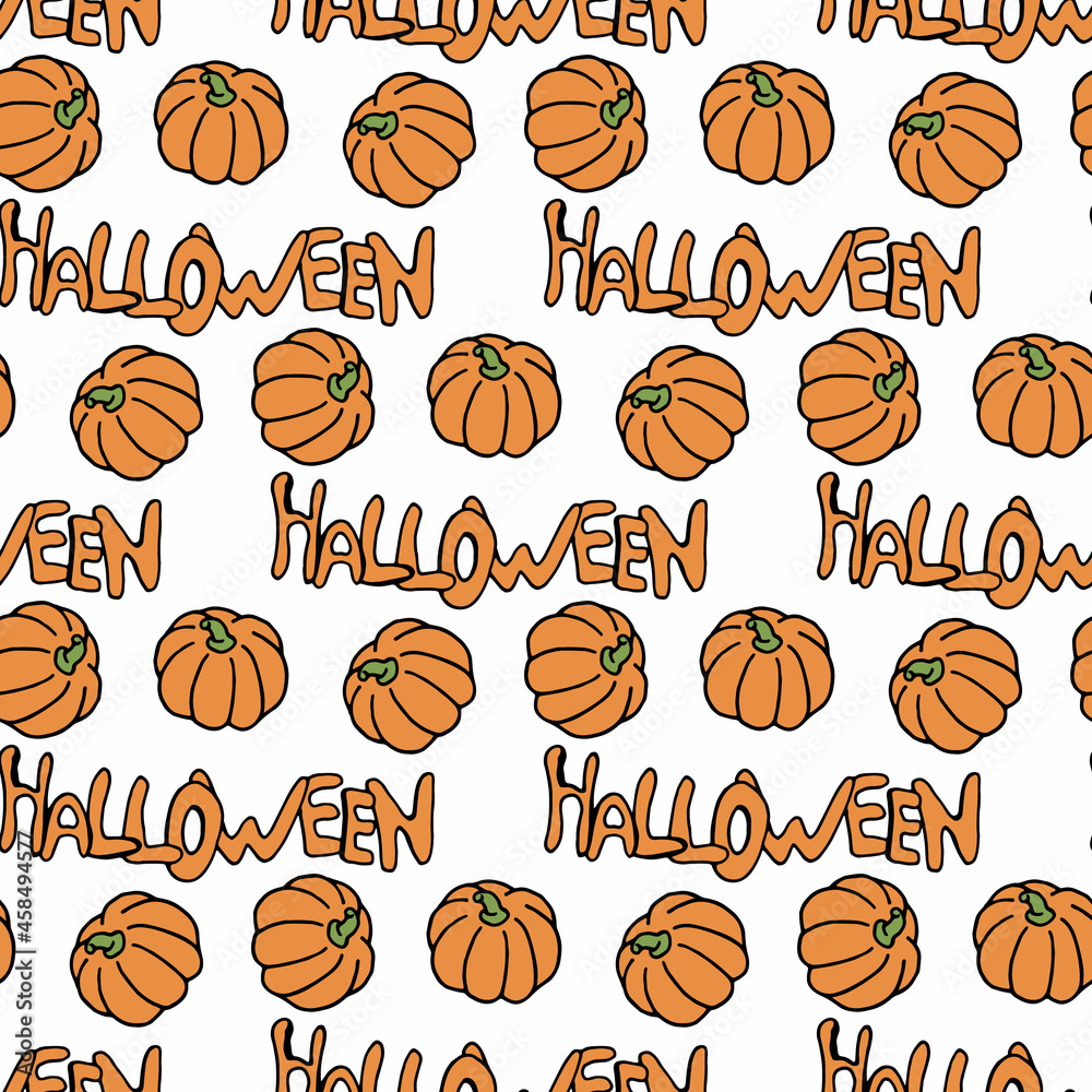 Seamless pattern with orange text Halloween and pumpkin on white background. Vector image.