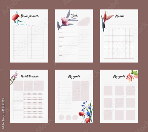 Planner pages, vector elements for calendars and organizers, diary pages with habit tracker, weekly planner, year goals, daily tasks, with floral design, botanical illustration