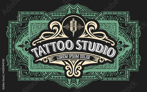 Tattoo logo with vintage ornaments. Layered