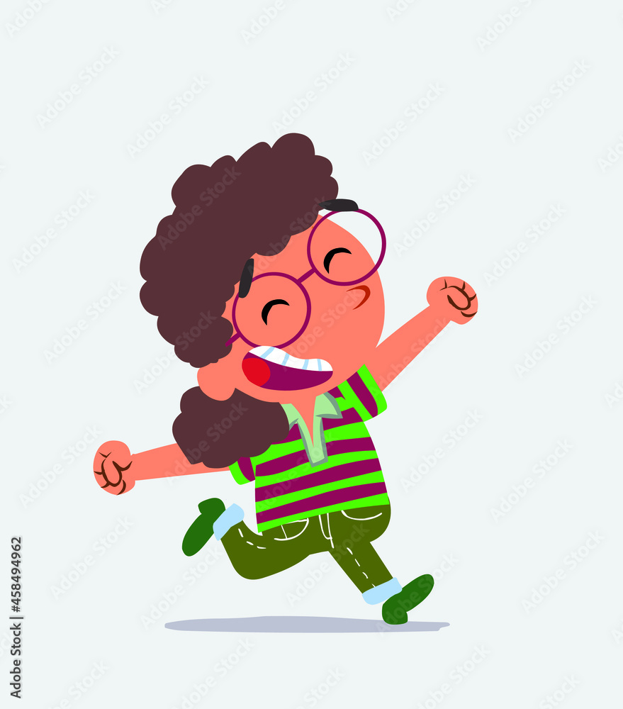 cartoon character of little girl on jeans running very euphoric.