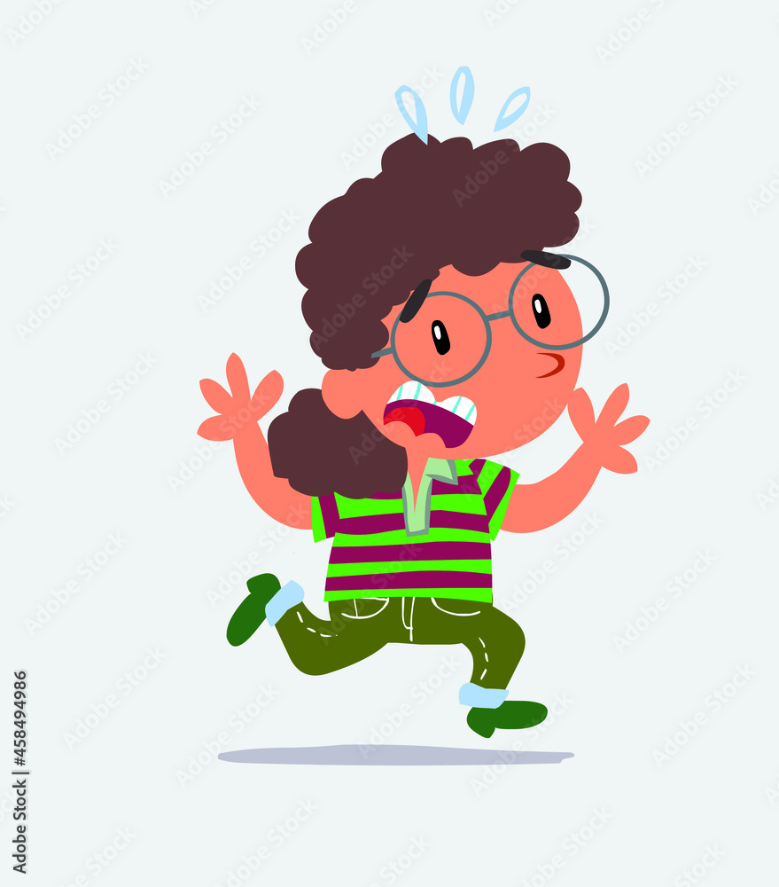 cartoon character of little girl on jeans runs away in terror.