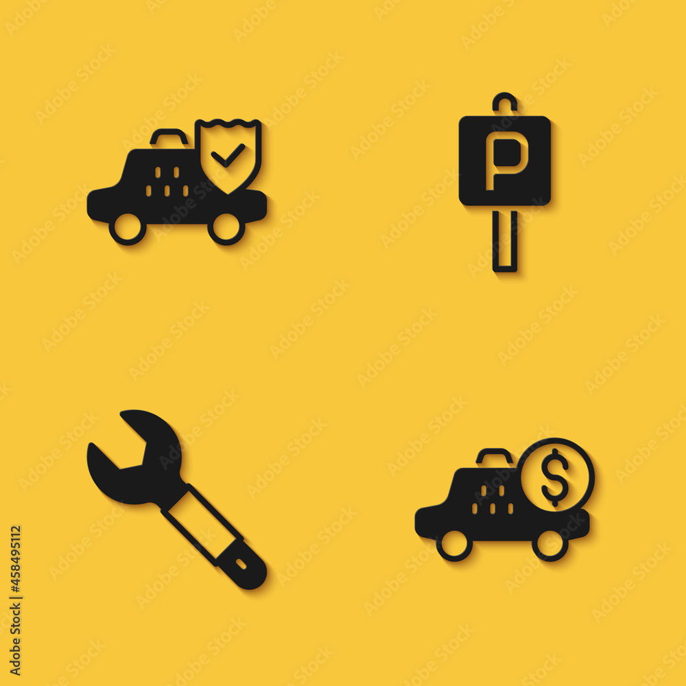 Set Taxi car insurance, Taximeter device, Wrench spanner and Parking icon with long shadow. Vector Set Taxi car insurance, Taximeter device, Wrench spanner and Parking icon with long shadow. Vector