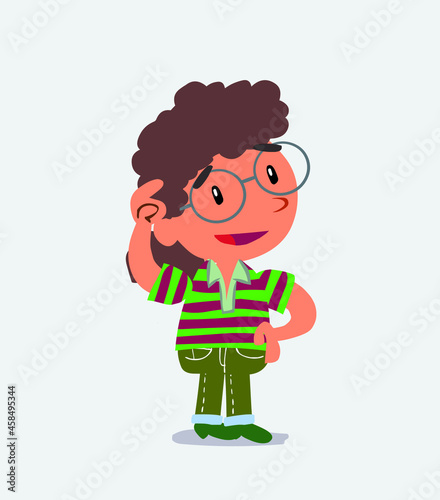 Thoughtful cartoon character of little girl on jeans scratching his head.