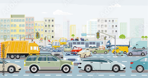 Großstadt mit einer Straßenkreuzung im Verkehrsstau und öffentlicher verkehr illustration