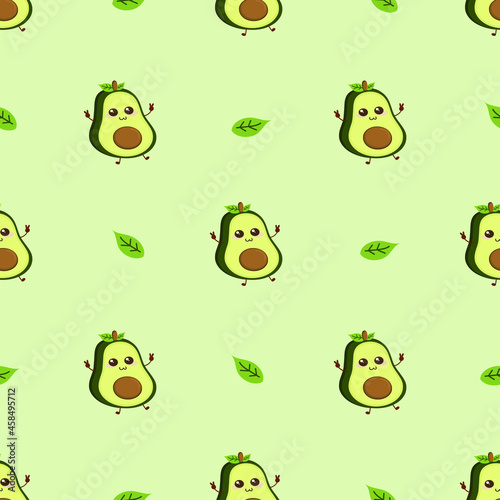 Seamless pattern. Avocado on a green background. Avocado sticker. Green halves of an avocado with a smile. Wallpaper seamless pattern, vector illustration isolated green background.