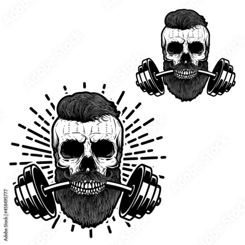 Skull with barbell in teeth. Vector illustration