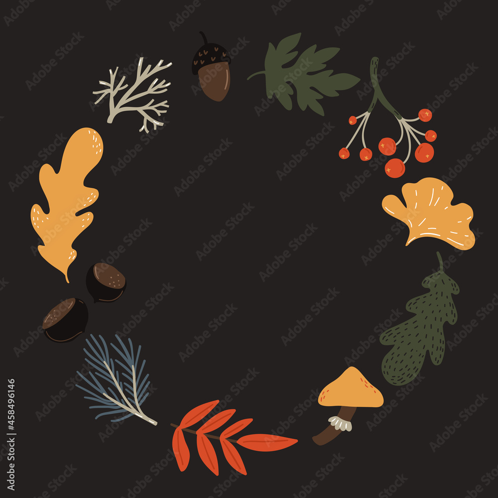 Autumn leaves wreath. Fall orange and brown leaf, acorns, mushroom and berry frame. Autumn leaves wreath. Fall orange and brown leaf, acorns, mushroom and berry frame.