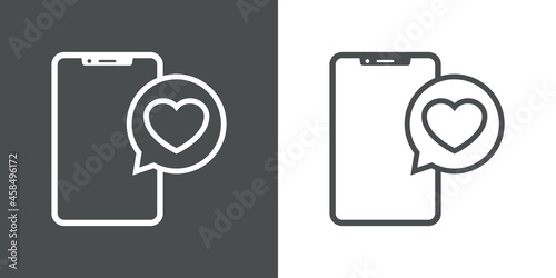 Logotipo con smartphone con corazón en burbuja de habla con lineas en fondo gris y fondo blanco