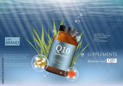 Supplement ads template, Q10 with product package. Deep sea background. 3D illustration.