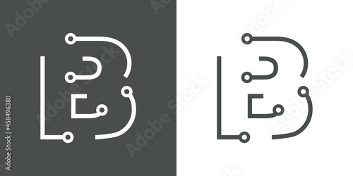 Logotipo letra inicial B con forma de circuito electrónico con lineas en fondo gris y fondo blanco