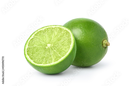 Fresh lime with  cut in half isolated on white background.