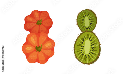 Number 8 Eight made of fresh pumpkin and kiwi cartoon vector illustration