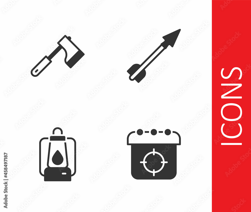 Set Target sport, Wooden axe, Camping lantern and Medieval arrow icon. Vector Set Target sport, Wooden axe, Camping lantern and Medieval arrow icon. Vector