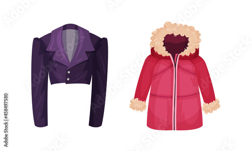 Fashionable women outerwear set. Cropped jacket and warm jacket for girl. Stylish winter, spring or autumn clothing vector illustration