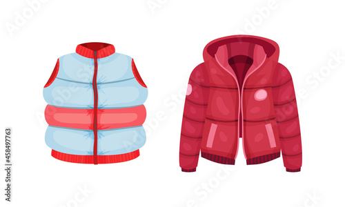 Fashionable women outerwear set. Warm vest and down jacket. Stylish clothes winter, spring or autumn season vector illustration