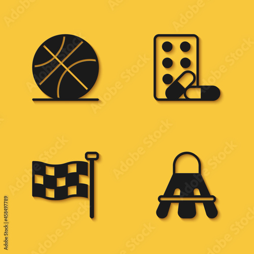 Set Basketball ball, Badminton shuttlecock, Checkered flag and Sports doping with dumbbell icon with long shadow. Vector